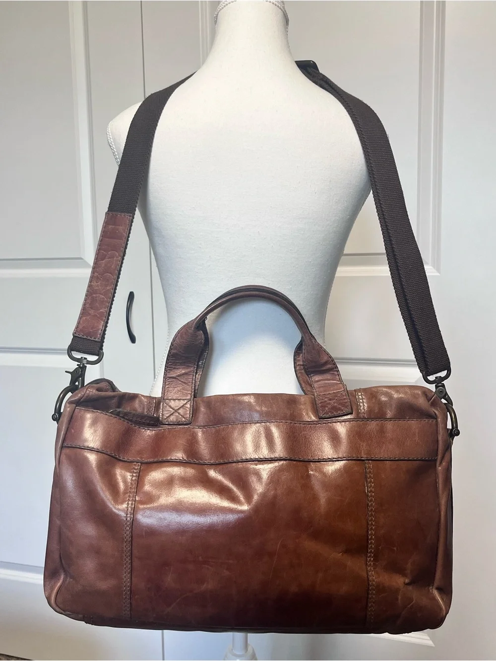 Fossil VTG 16” Brown Leather Satchel Crossbody Bag Messenger Computer Briefcase
